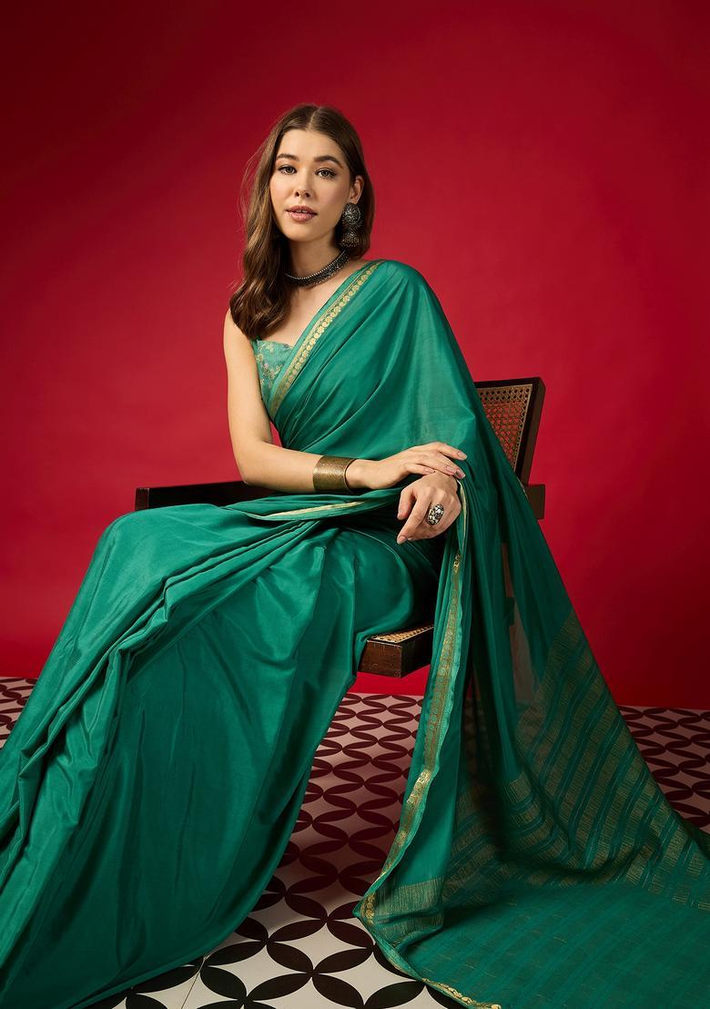 Teal Green Woven Design Silk Saree Set - Indya