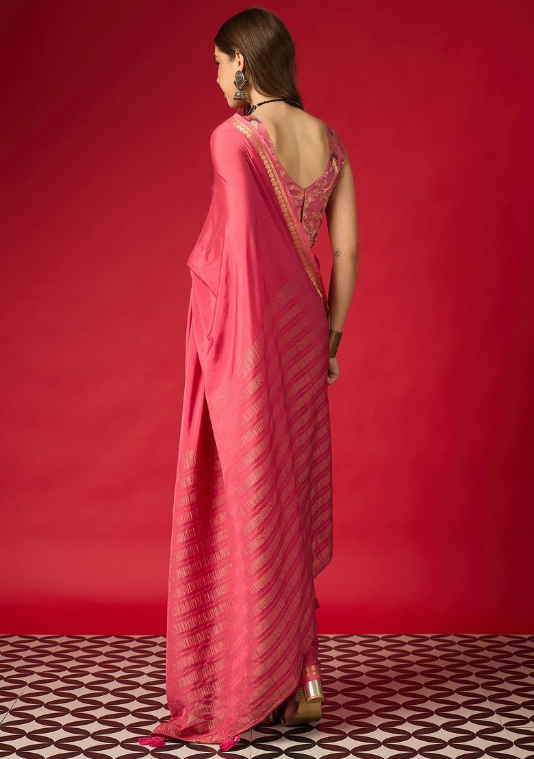 Pink Woven Design Silk Saree Set - Indya
