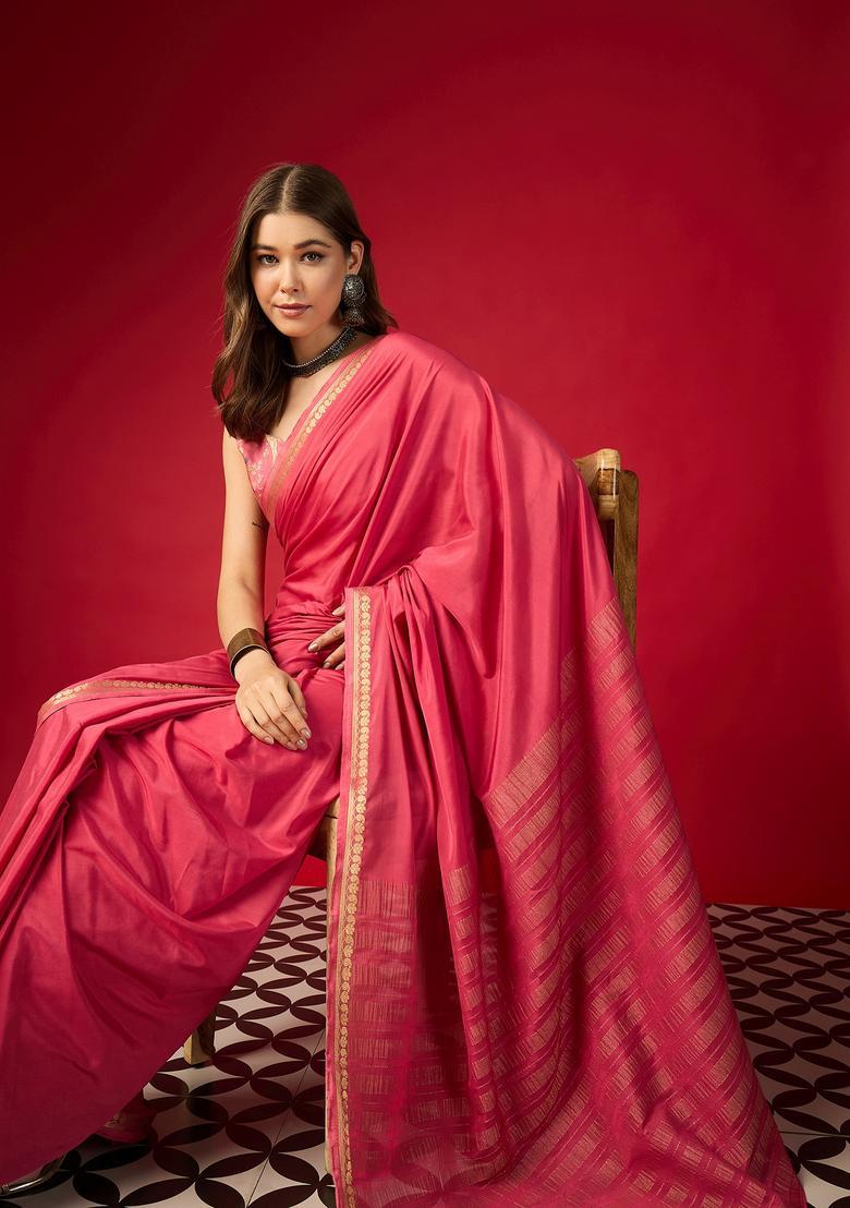 Pink Woven Design Silk Saree Set - Indya