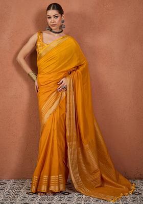 Mustard Woven Design Silk Saree Set