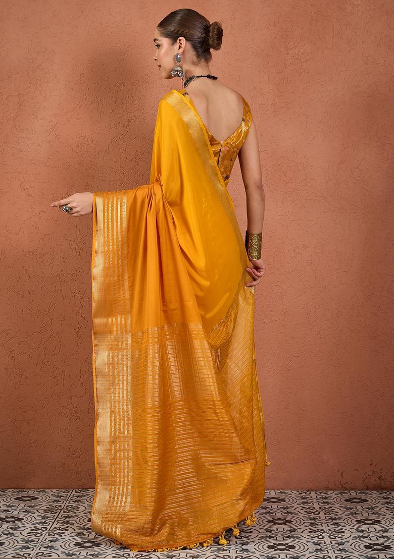 Mustard Woven Design Silk Saree Set - Indya