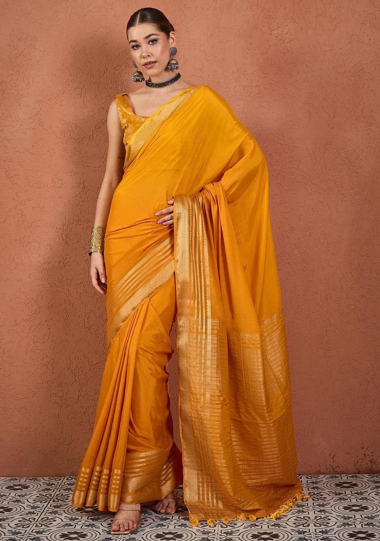 Mustard Woven Design Silk Saree Set - Indya