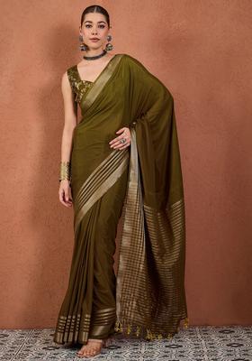 Olive Woven Design Silk Saree Set