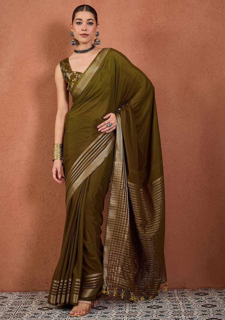 Olive Woven Design Silk Saree Set for Diwali and Festive Wear - Indya