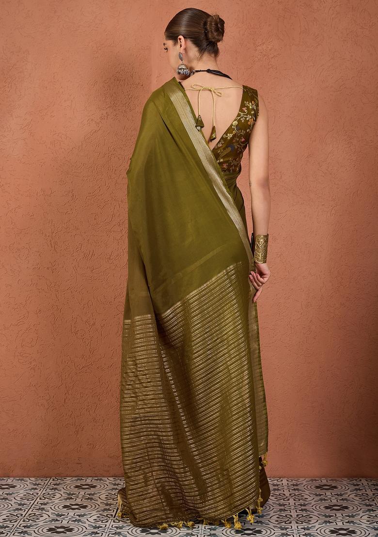 Olive Woven Design Silk Saree Set - Indya
