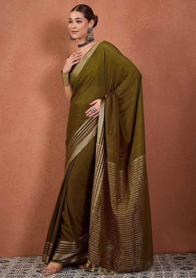 Olive Woven Design Silk Saree Set for Diwali and Festive Wear - Indya