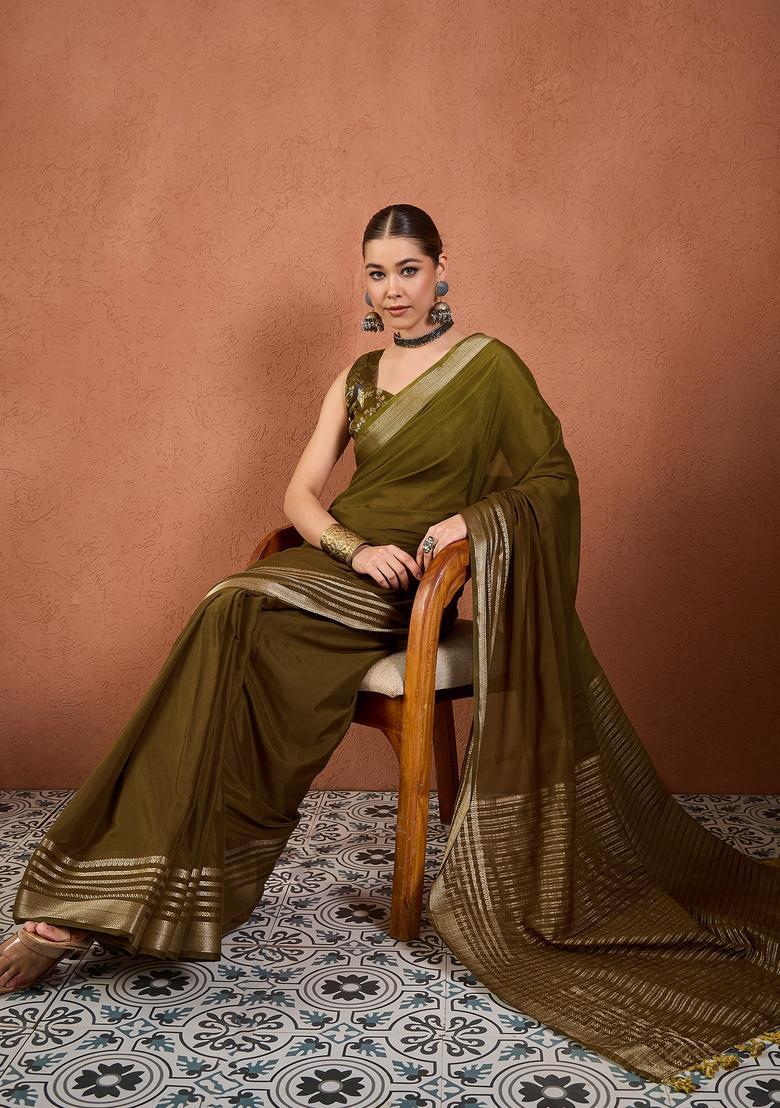 Olive Woven Design Silk Saree Set - Indya