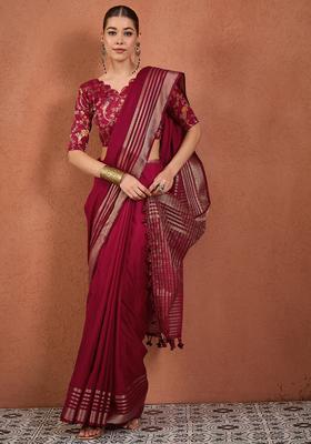 Maroon Woven Design Silk Saree Set
