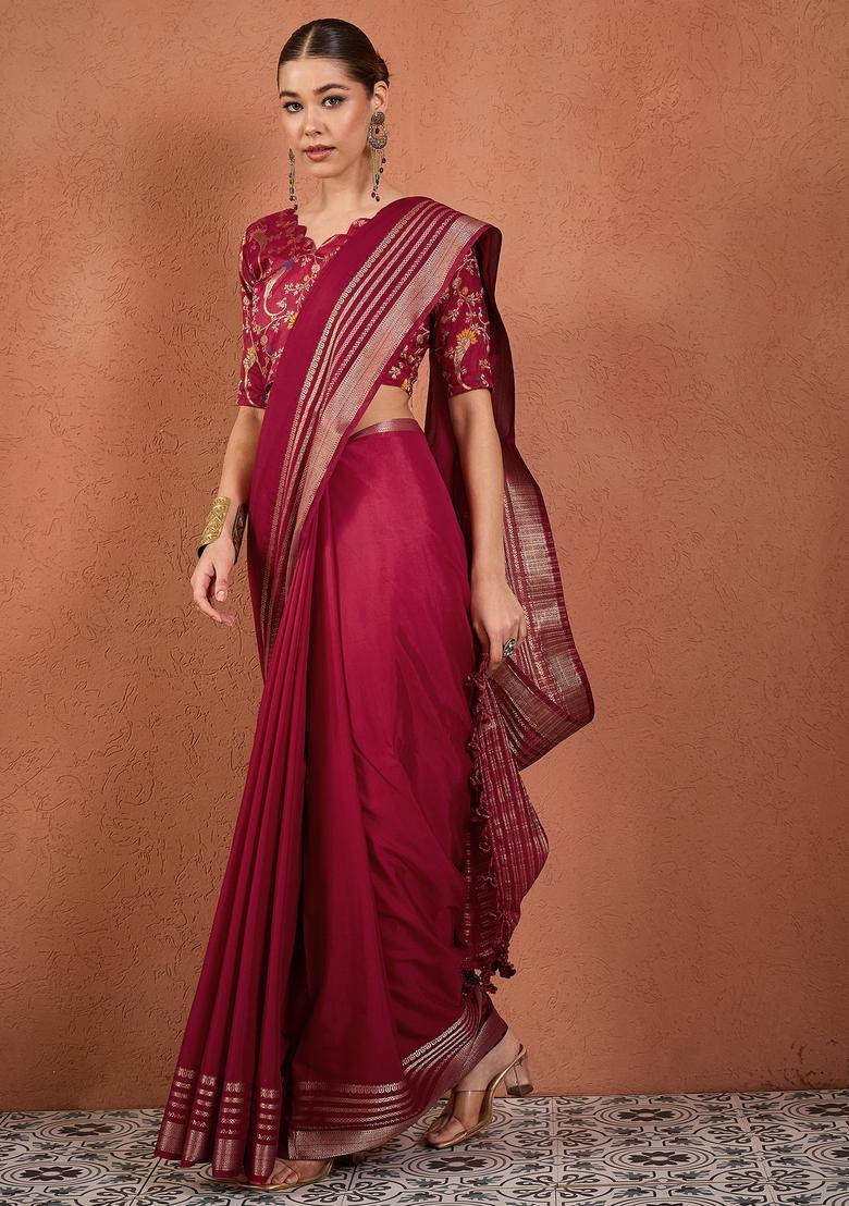 Maroon Woven Design Silk Saree Set - Indya
