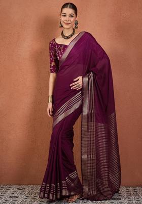 Wine Woven Design Silk Saree Set