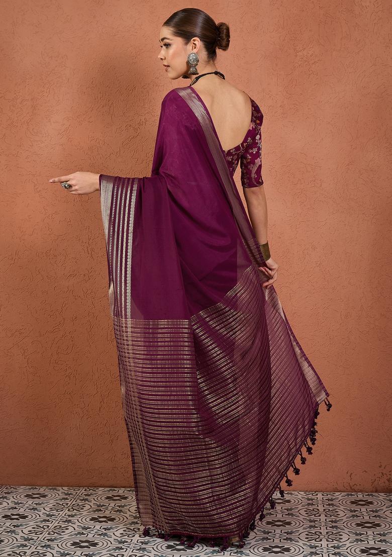 Wine Woven Design Silk Saree Set - Indya