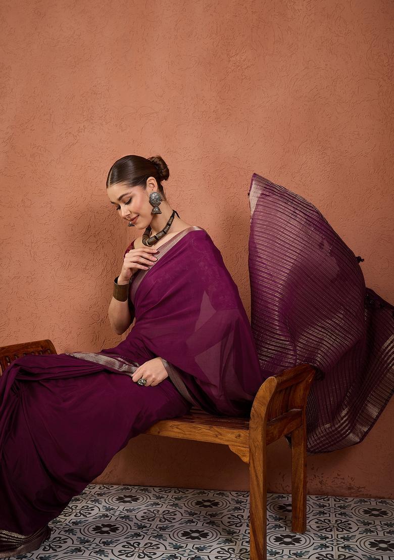Wine Woven Design Silk Saree Set - Indya