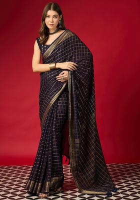 Navy Blue Woven Design Silk Saree Set