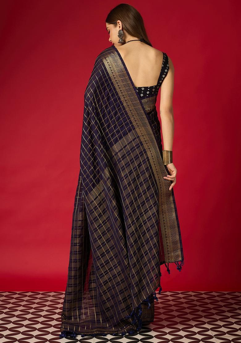Navy Blue Woven Design Silk Saree Set - Indya