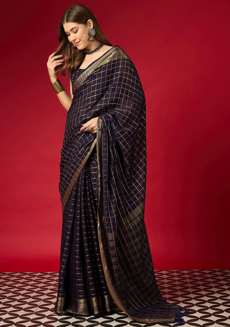 Navy Blue Woven Design Silk Saree Set - Indya