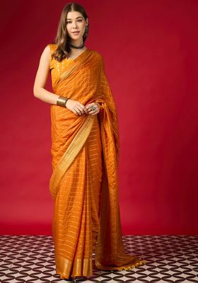 Orange Woven Design Silk Saree Set