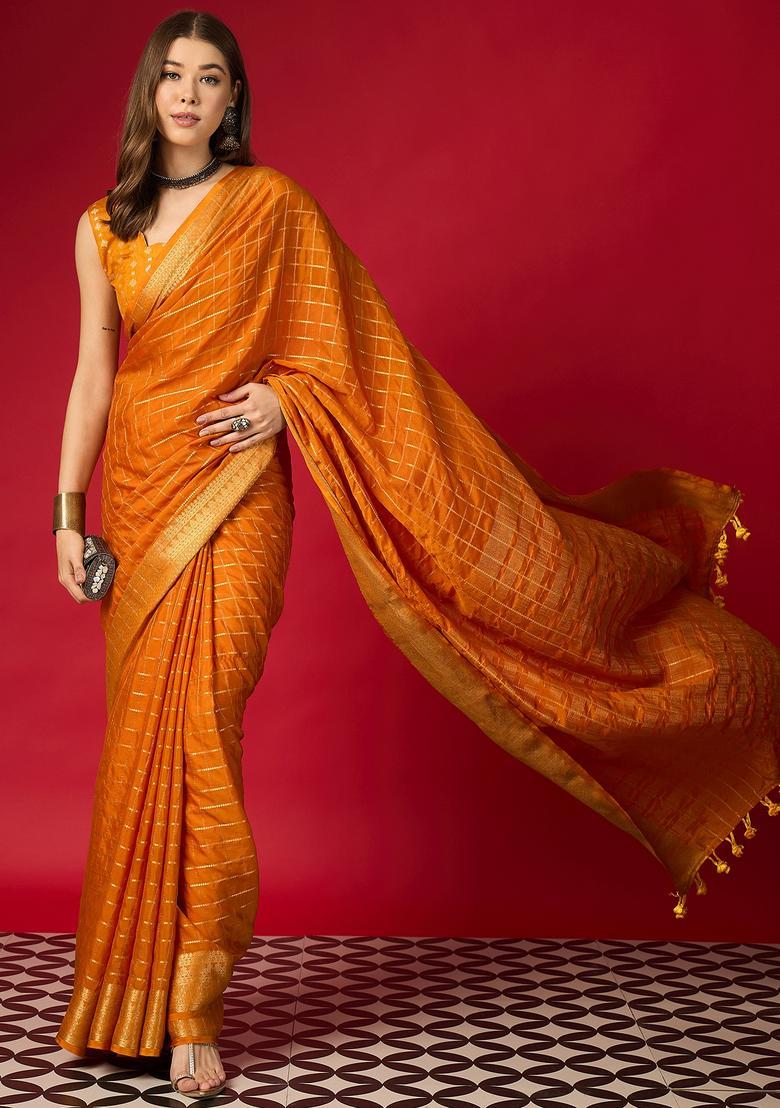 Orange Woven Design Silk Saree Set - Indya