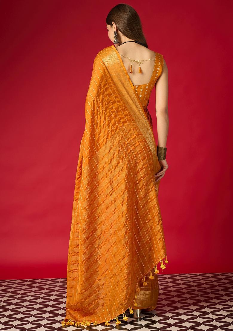 Orange Woven Design Silk Saree Set - Indya
