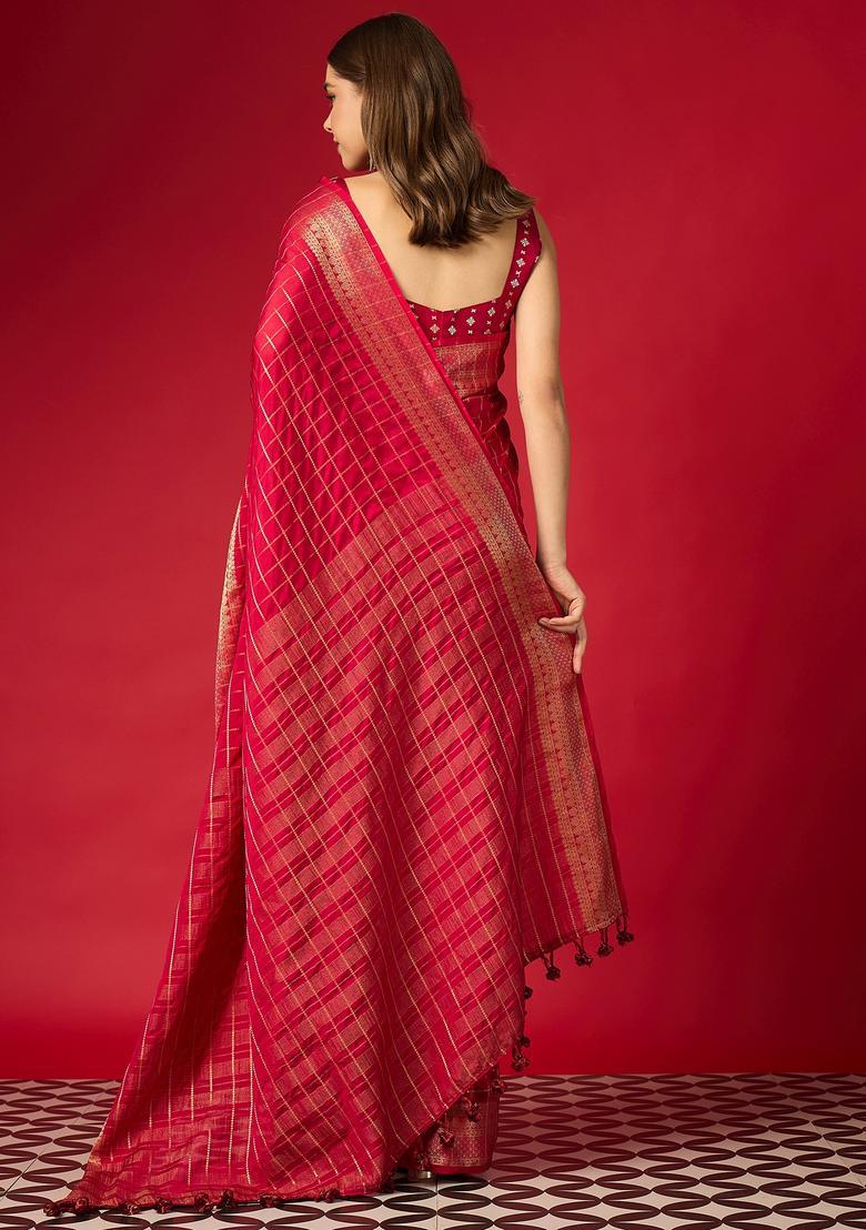 Pink Woven Design Silk Saree Set - Indya