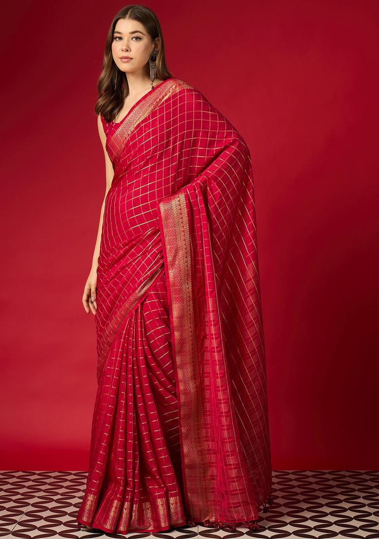 Pink Woven Design Silk Saree Set - Indya