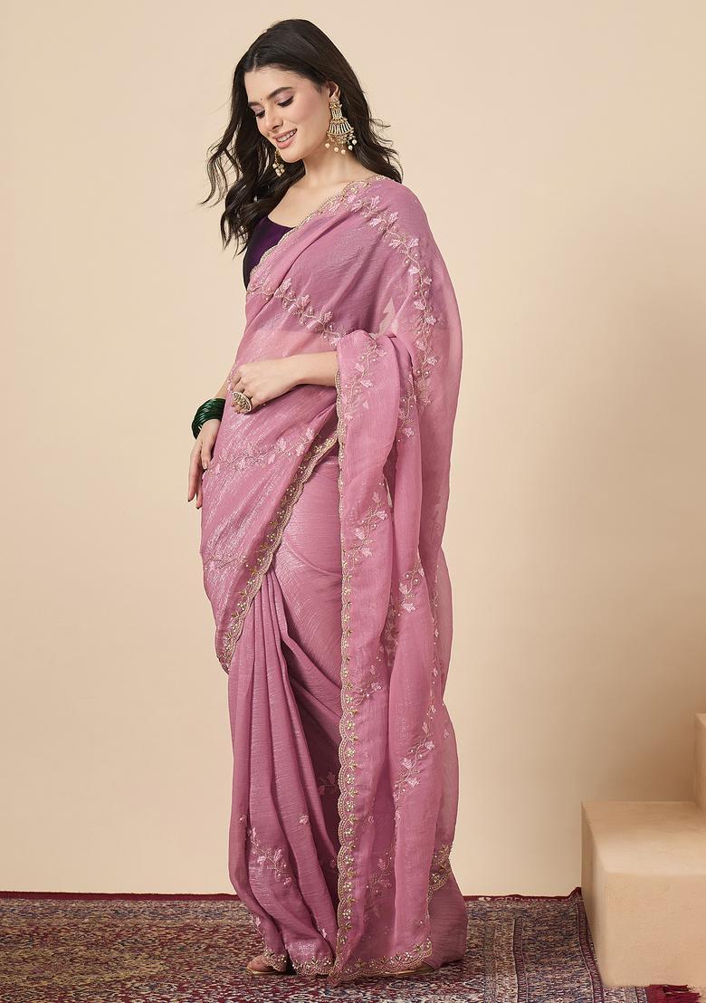 Pink Printed Chiffon Saree Set - Indya