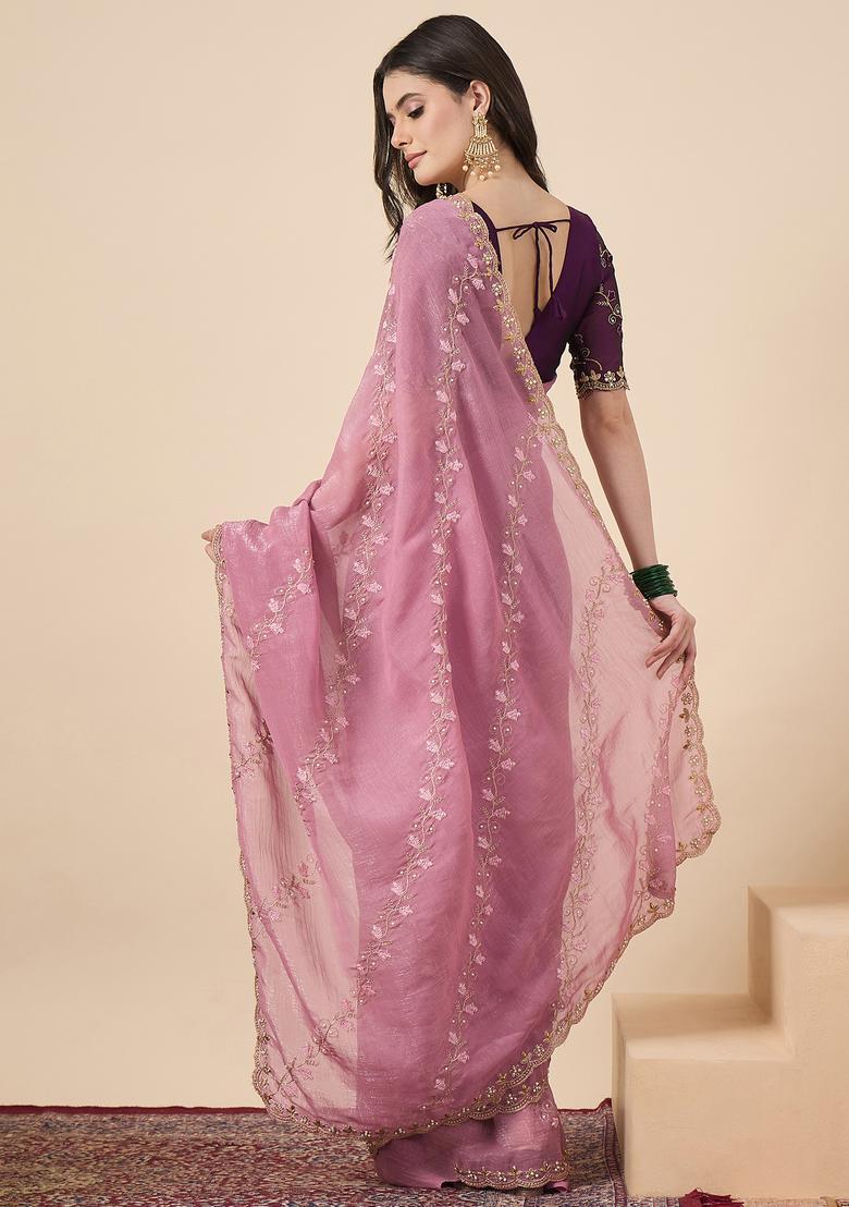 Pink Printed Chiffon Saree Set - Indya