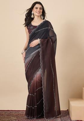 Coffee Brown Embellished Chiffon Saree Set