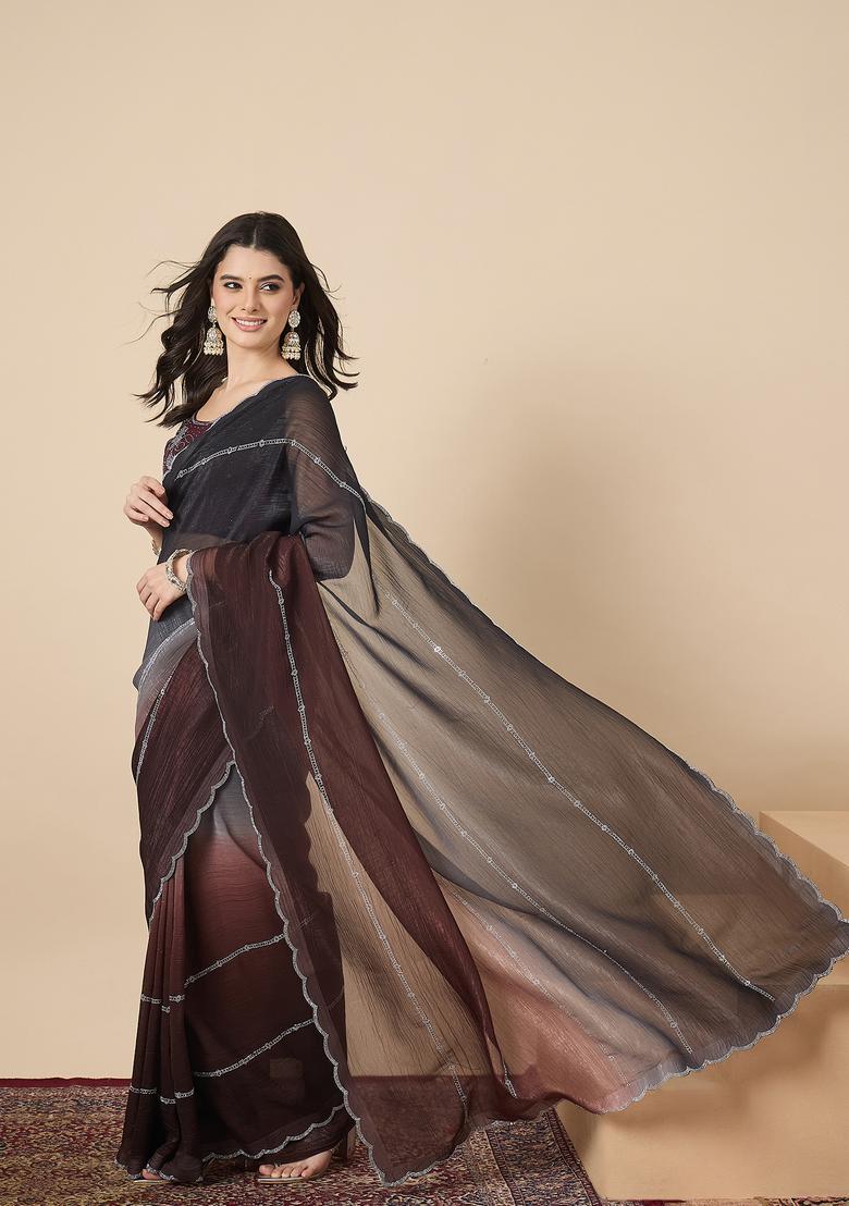 Coffee Brown Embellished Chiffon Saree Set - Indya