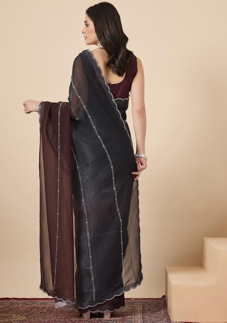 Coffee Brown Embellished Chiffon Saree Set - Indya