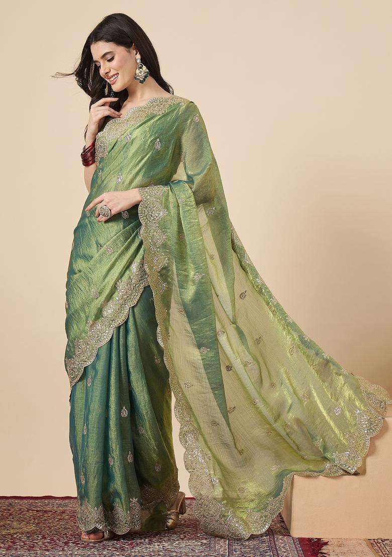 Olive Embellished Chiffon Saree Set for Diwali and Festive Wear - Indya