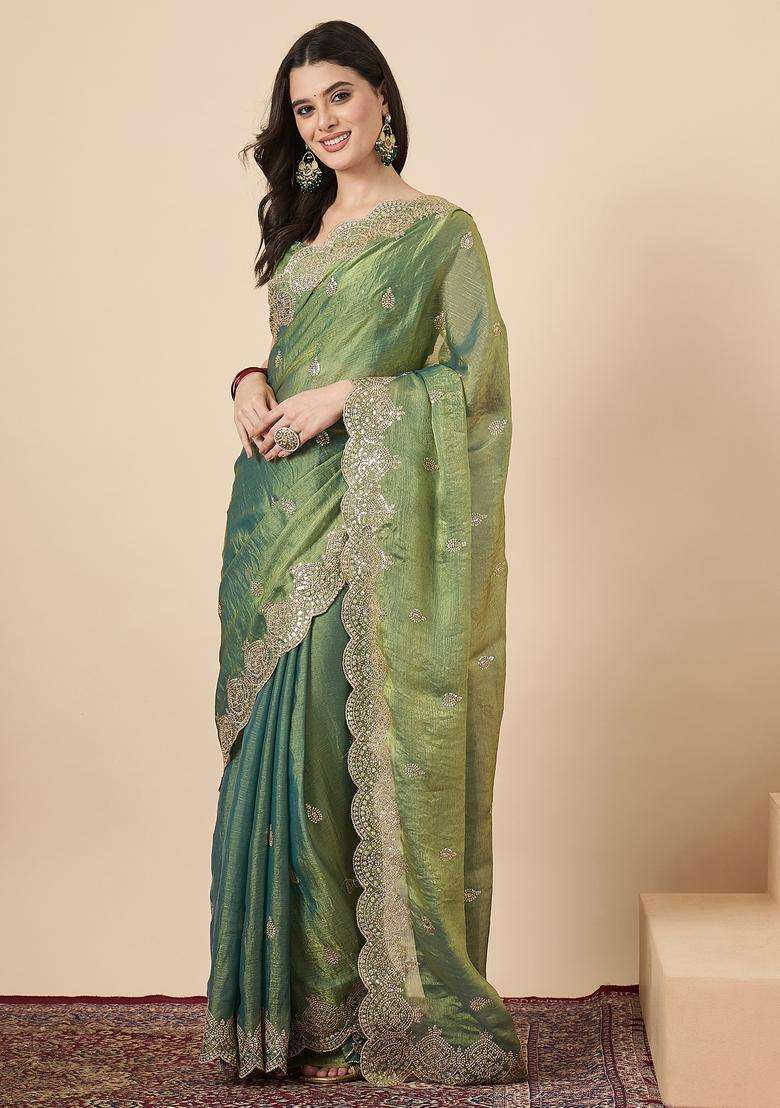 Olive Embellished Chiffon Saree Set for Diwali and Festive Wear - Indya
