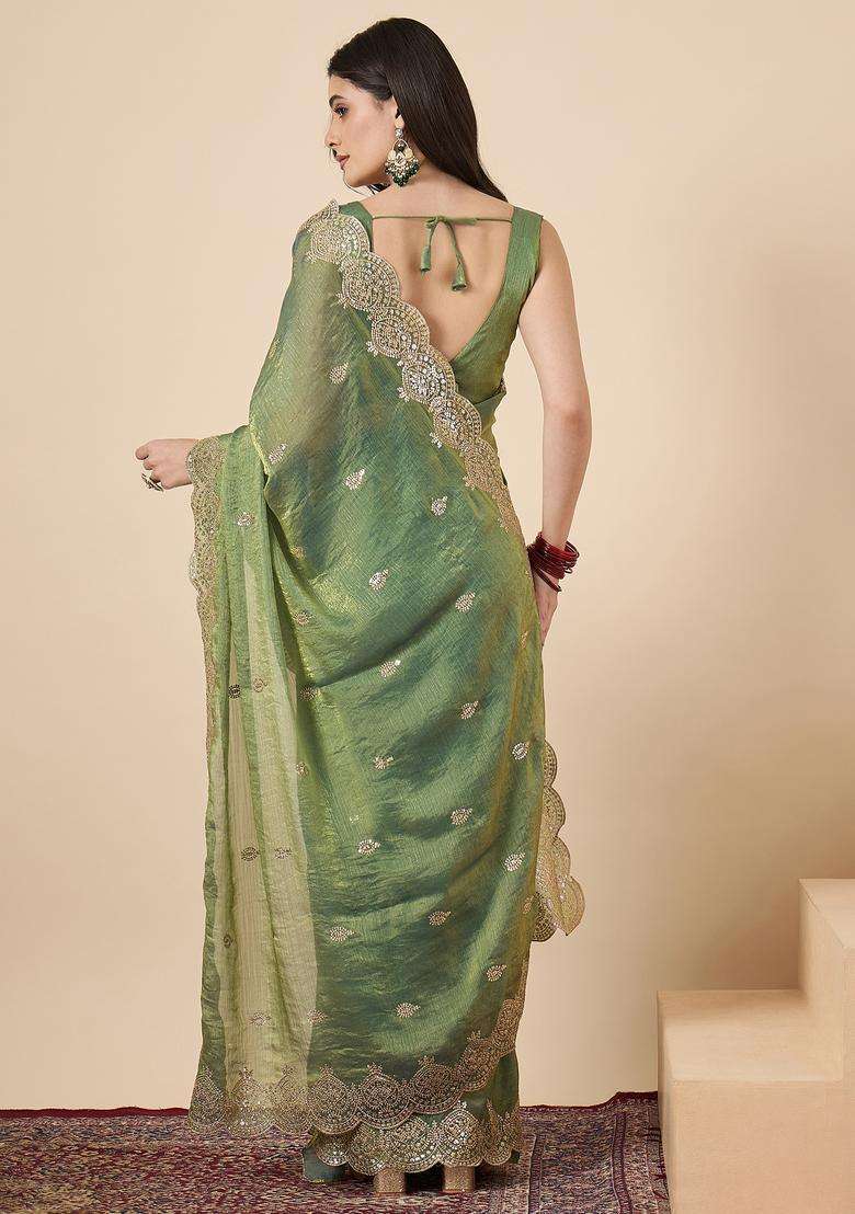 Olive Embellished Chiffon Saree Set for Diwali and Festive Wear - Indya