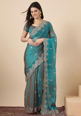 Teal Blue Embellished Chiffon Saree Set