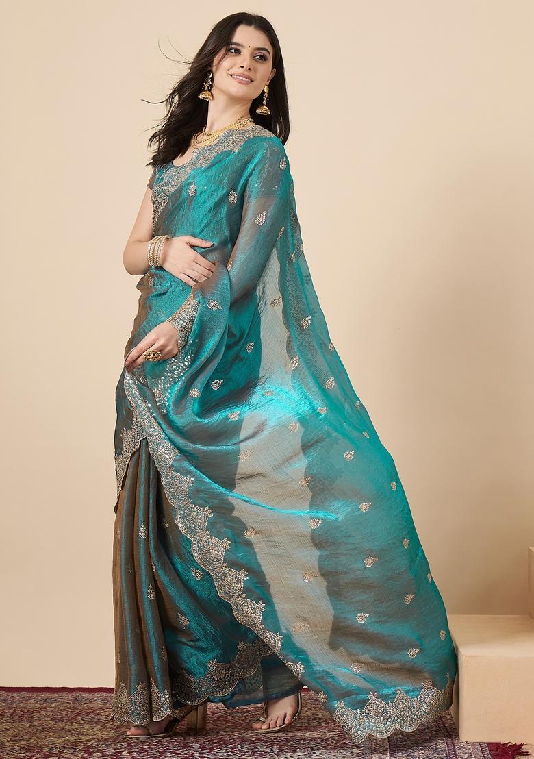 Teal Blue Embellished Chiffon Saree Set - Indya