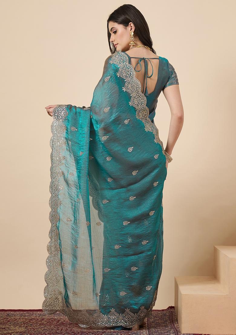 Teal Blue Embellished Chiffon Saree Set - Indya