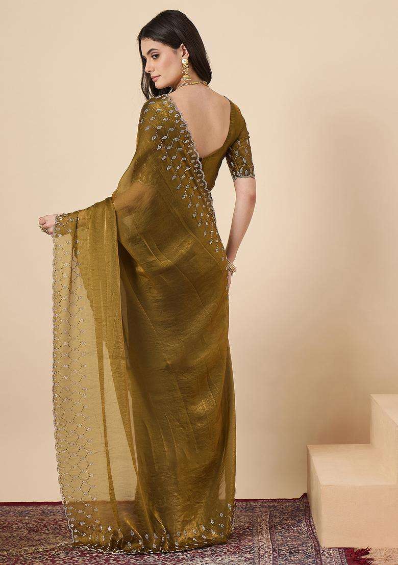 Olive Embellished Silk Saree Set for Diwali and Festive Wear - Indya
