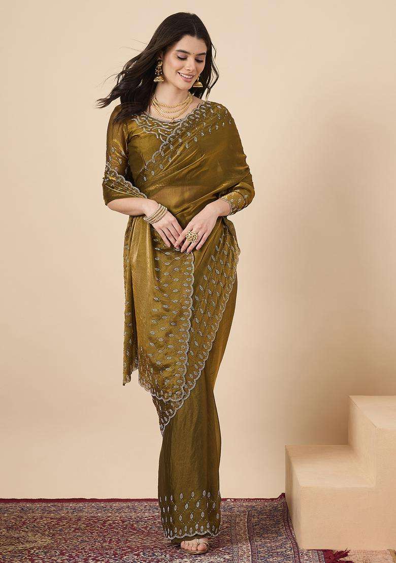 Olive Embellished Silk Saree Set for Diwali and Festive Wear - Indya
