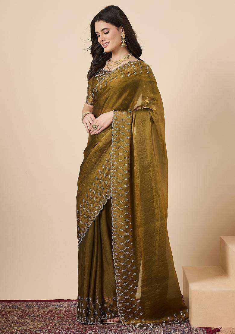 Olive Embellished Silk Saree Set for Diwali and Festive Wear - Indya