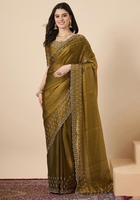 Olive Embellished Silk Saree Set for Diwali and Festive Wear