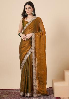 Golden Embellished Chiffon Saree Set