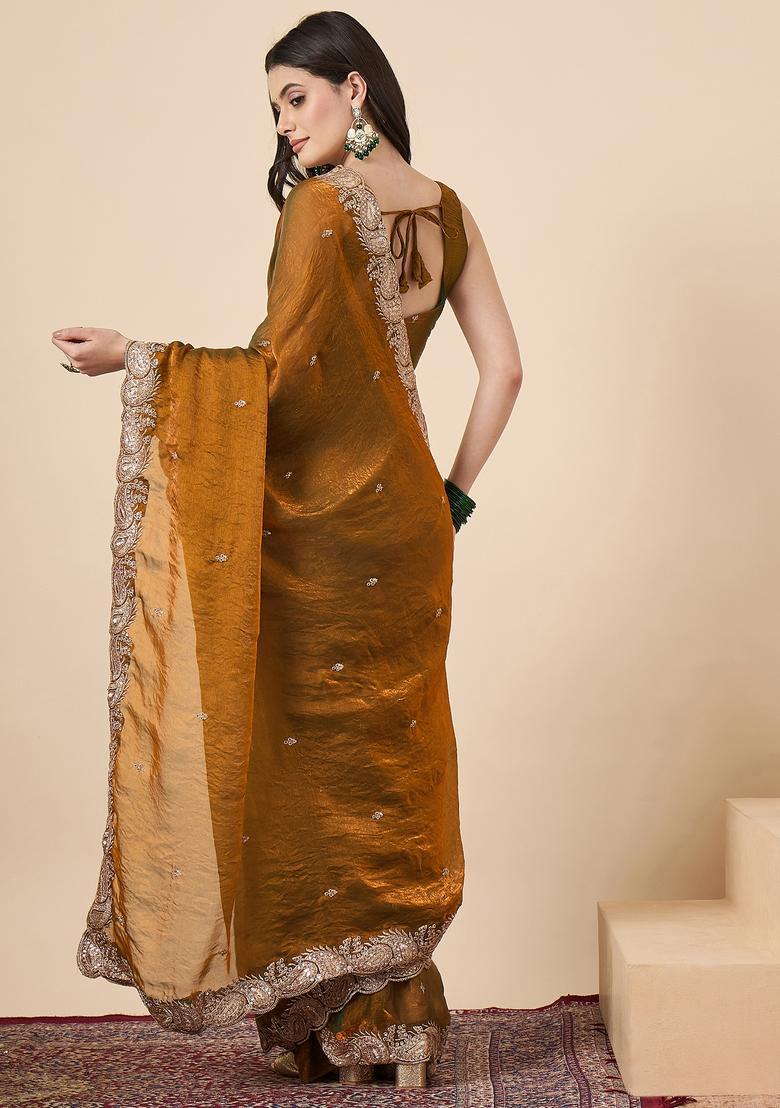 Golden Embellished Chiffon Saree Set - Indya
