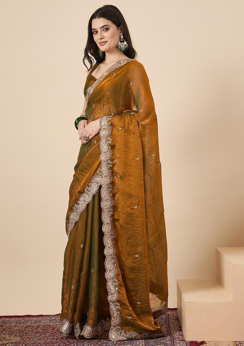 Golden Embellished Chiffon Saree Set - Indya
