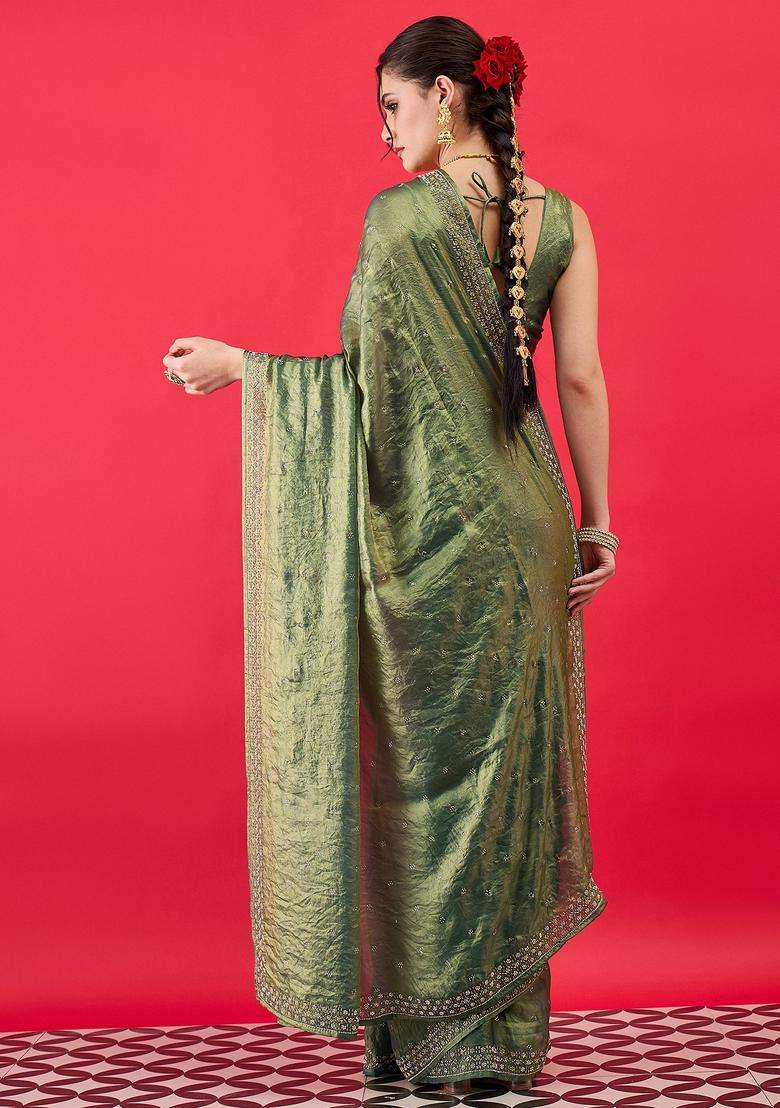 Olive Embellished Silk Saree Set for Diwali and Festive Wear - Indya