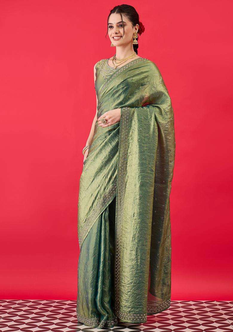 Olive Embellished Silk Saree Set for Diwali and Festive Wear - Indya
