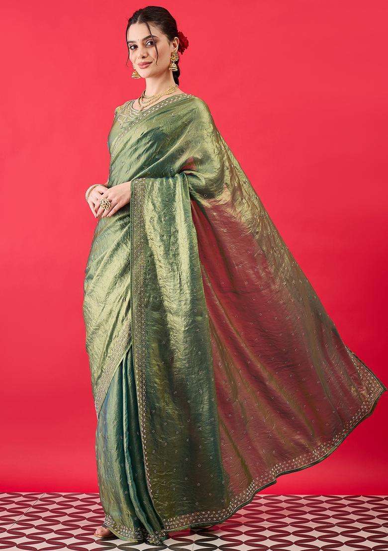 Olive Embellished Silk Saree Set for Diwali and Festive Wear - Indya