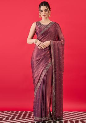 Mauve Embellished Silk Saree Set