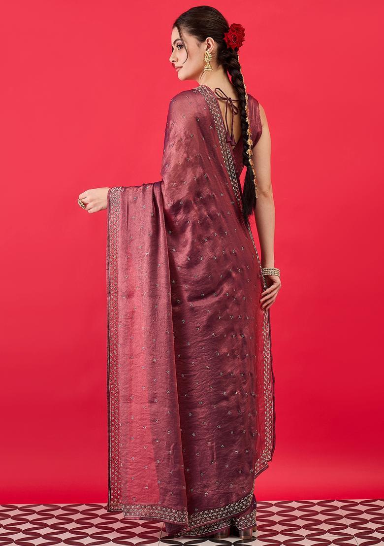Mauve Embellished Silk Saree Set - Indya