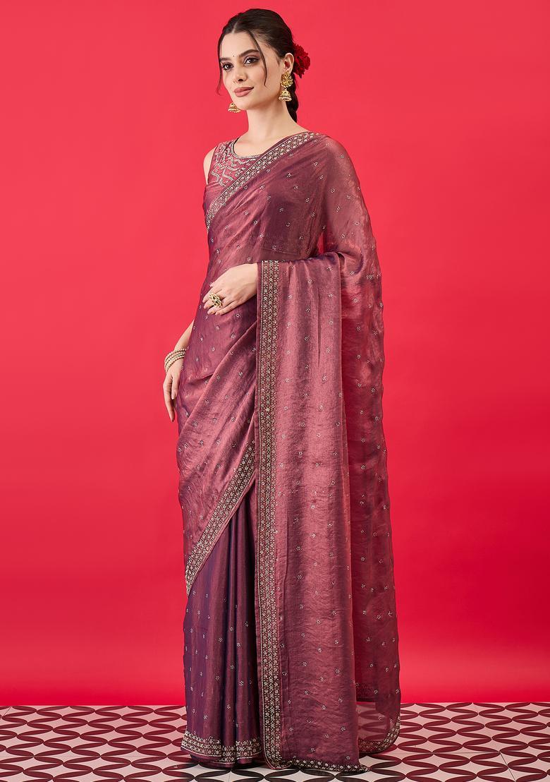 Mauve Embellished Silk Saree Set - Indya