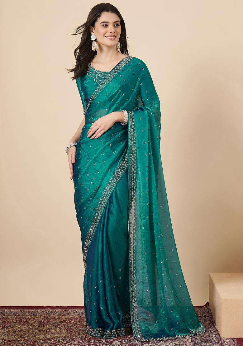 Teal Green Embellished Silk Saree Set for Diwali and Festive Wear - Indya
