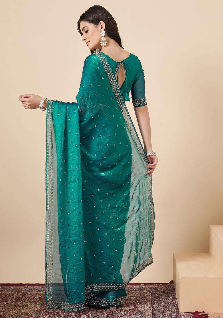 Teal Green Embellished Silk Saree Set for Diwali and Festive Wear - Indya